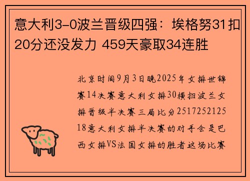 意大利3-0波兰晋级四强：埃格努31扣20分还没发力 459天豪取34连胜